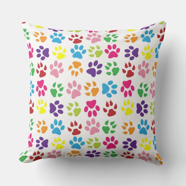 Colourful Paw Prints Pattern Throw Pillow (Front)