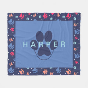 Colourful Paw Prints Personalized Navy Blue Pet Fleece Blanket