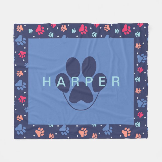 Colourful Paw Prints Personalized Navy Blue Pet Fleece Blanket (Front (Horizontal))