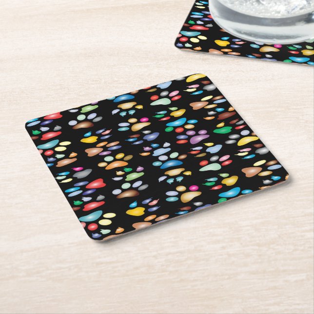 Colourful paw prints square paper coaster (Angled)