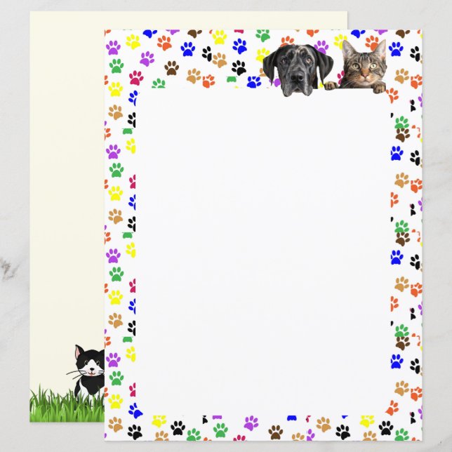 Colourful Paw Prints with Dog and Cat 8.5 x 11  (Front/Back)