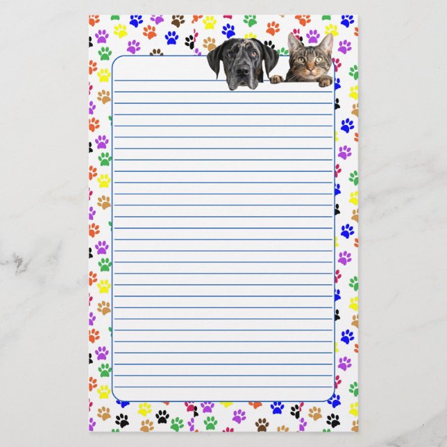 Colourful Paw Prints with Dog and Cat Lined  Stationery (Front)