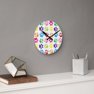 Colourful Paws, Dog Paws, Cat Paws Round Clock