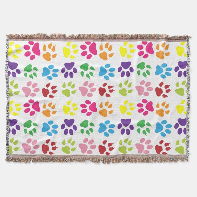 Colourful Paws, Dog Paws, Cat Paws Throw Blanket (Front)