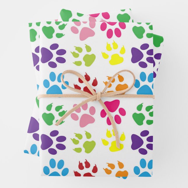 Colourful Paws, Dog Paws, Cat Paws Wrapping Paper Sheet (In situ)