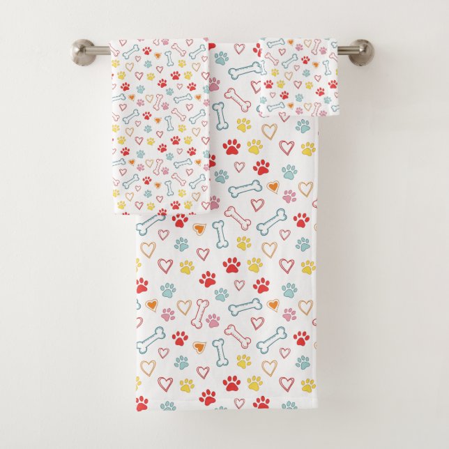 Colourful Paws, Hearts & Bones Doodle  Bath Towel Set (Insitu)