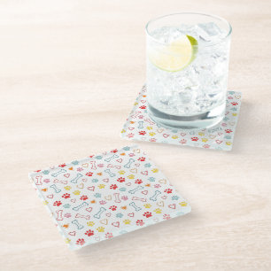 Colourful Paws, Hearts & Bones Doodle  Glass Coaster