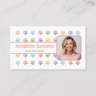 Colourful Paws Pattern With Custom Photo Dog Walke Business Card