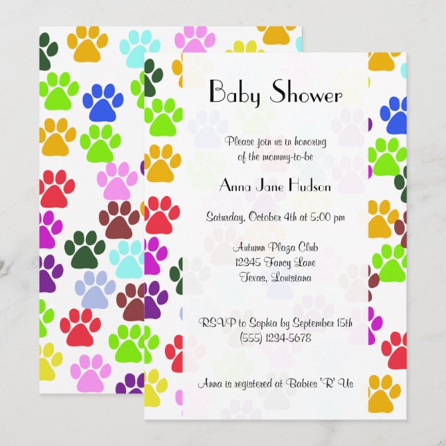 Colourful Paws, Paw Pattern, Dog Paws, Baby Shower Invitation (Front/Back)