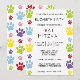 Colourful Paws, Paw Pattern, Dog Paws, Bat Mitzvah Invitation