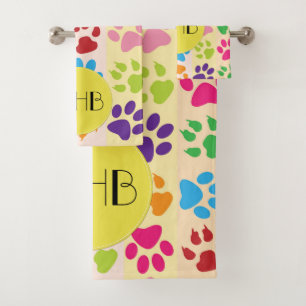 Colourful Paws, Paw Pattern, Dog Paws, Monogram Bath Towel Set