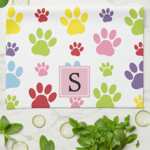 Colourful Paws, Paw Pattern, Dog Paws, Monogram Kitchen Towel