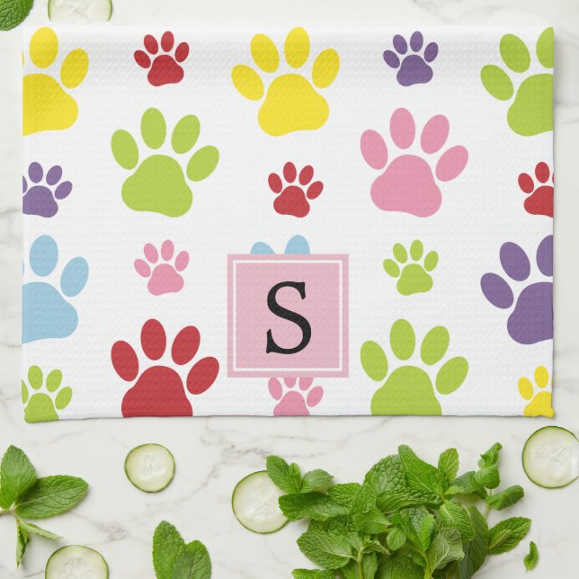 Colourful Paws, Paw Pattern, Dog Paws, Monogram Kitchen Towel (Folded)