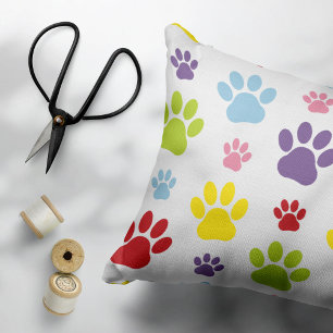 Colourful Paws, Paw Pattern, Dog Paws, Paw Prints Accent Pillow
