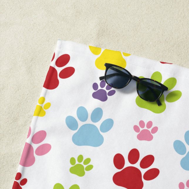 Colourful Paws, Paw Pattern, Dog Paws, Paw Prints Beach Towel (In Situ)