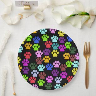 Colourful Paws, Paw Pattern, Dog Paws, Paw Prints Paper Plate