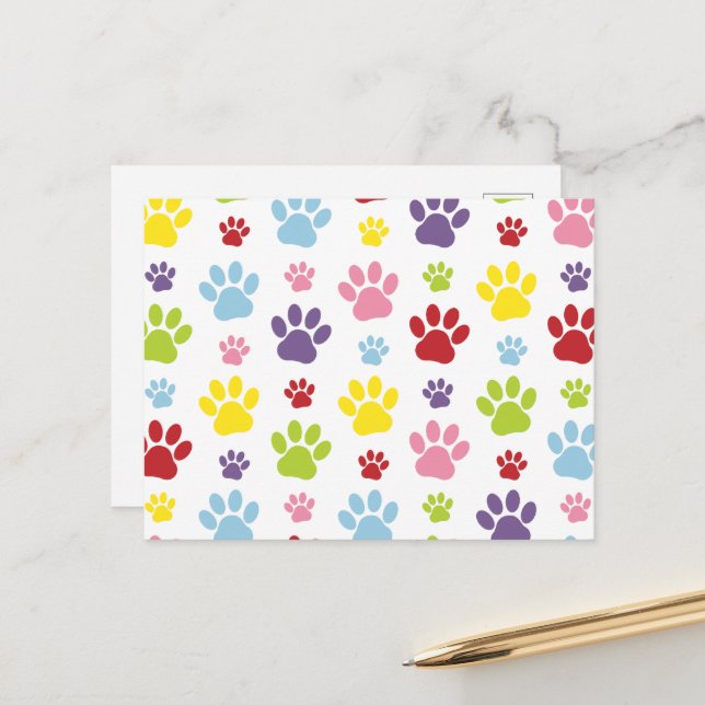 Colourful Paws, Paw Pattern, Dog Paws, Paw Prints Postcard (Front/Back In Situ)