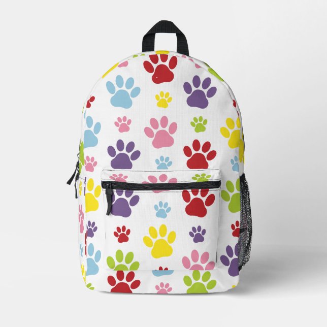 Colourful Paws, Paw Pattern, Dog Paws, Paw Prints Printed Backpack (Front)