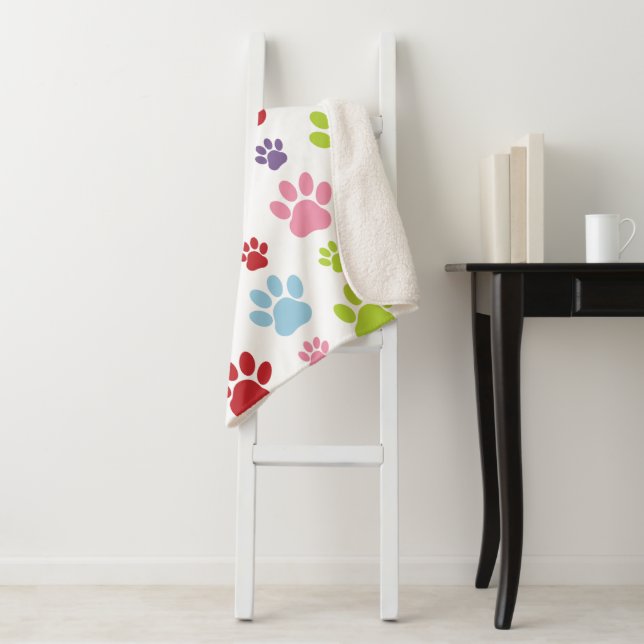 Colourful Paws, Paw Pattern, Dog Paws, Paw Prints Sherpa Blanket (In Situ)