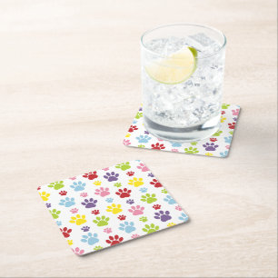 Colourful Paws, Paw Pattern, Dog Paws, Paw Prints Square Paper Coaster
