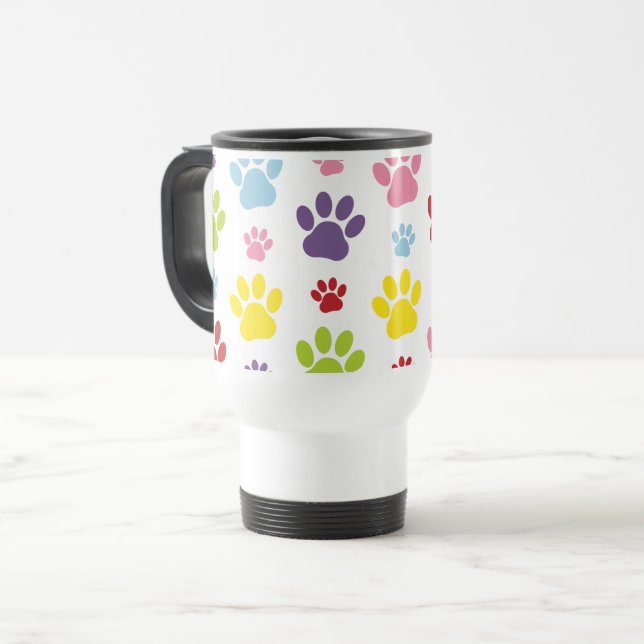 Colourful Paws, Paw Pattern, Dog Paws, Paw Prints Travel Mug (Front Left)