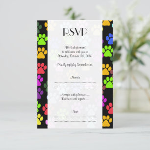 Colourful Paws, Paw Pattern, Dog Paws, Wedding RSVP Card