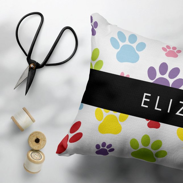 Colourful Paws, Paw Pattern, Dog Paws, Your Name Accent Pillow (Creator Uploaded)