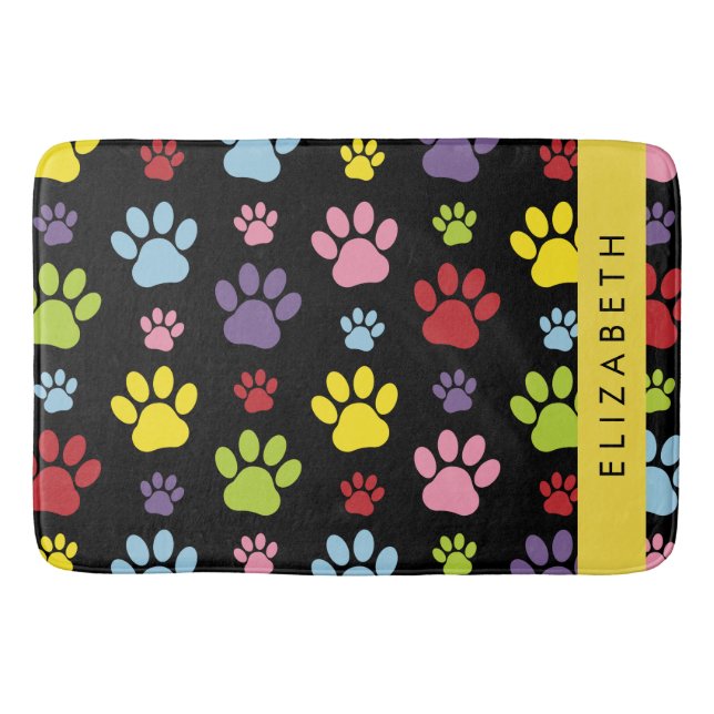 Colourful Paws, Paw Pattern, Dog Paws, Your Name Bath Mat (Front)