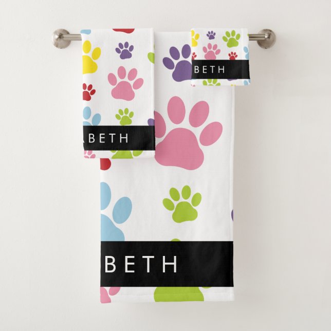 Colourful Paws, Paw Pattern, Dog Paws, Your Name Bath Towel Set (Insitu)