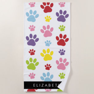 Colourful Paws, Paw Pattern, Dog Paws, Your Name Beach Towel