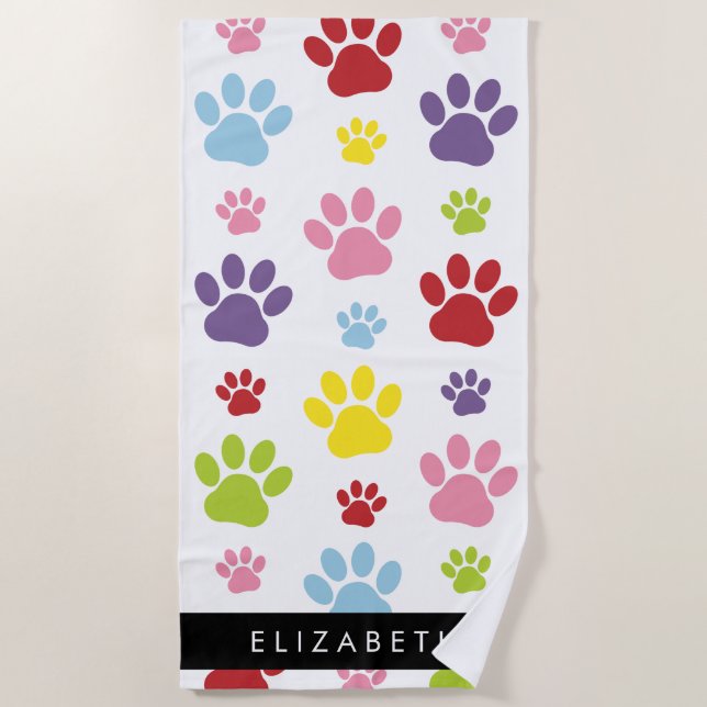 Colourful Paws, Paw Pattern, Dog Paws, Your Name Beach Towel (Front)