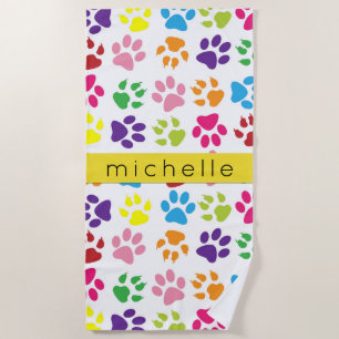 Colourful Paws, Paw Pattern, Dog Paws, Your Name Beach Towel