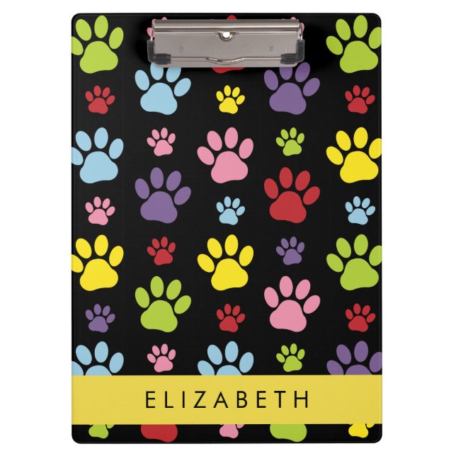 Colourful Paws, Paw Pattern, Dog Paws, Your Name Clipboard (Front)