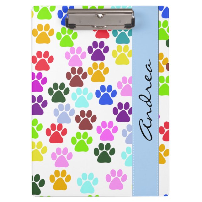 Colourful Paws, Paw Pattern, Dog Paws, Your Name Clipboard (Front)