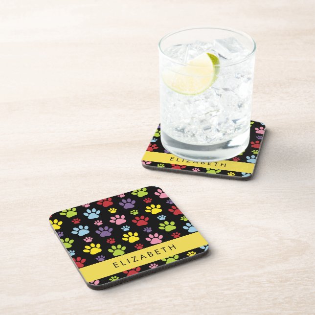 Colourful Paws, Paw Pattern, Dog Paws, Your Name Coaster (Right Side)
