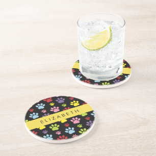 Colourful Paws, Paw Pattern, Dog Paws, Your Name Coaster