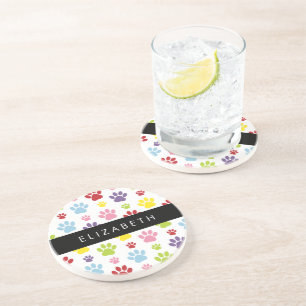 Colourful Paws, Paw Pattern, Dog Paws, Your Name Coaster