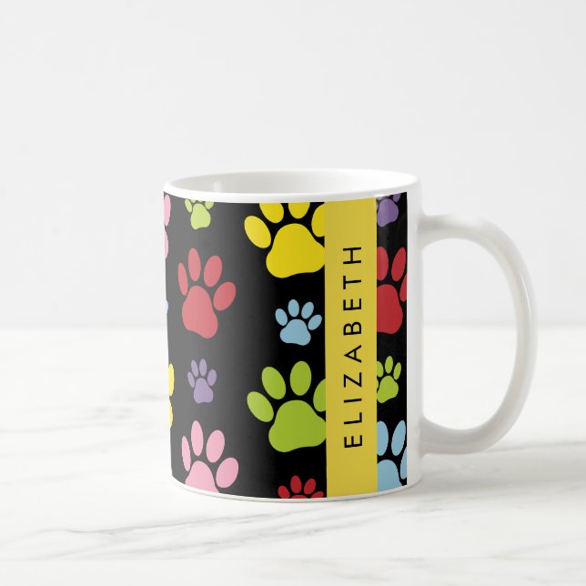 Colourful Paws, Paw Pattern, Dog Paws, Your Name Coffee Mug (Right)