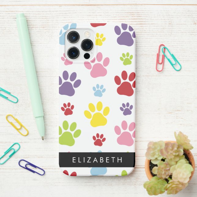 Colourful Paws, Paw Pattern, Dog Paws, Your Name iPhone Case (On Desk)