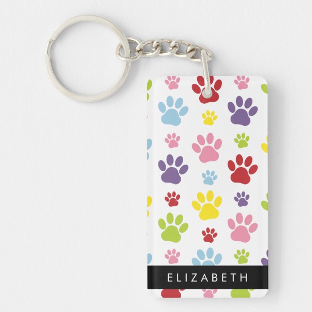 Colourful Paws, Paw Pattern, Dog Paws, Your Name Keychain (Front)