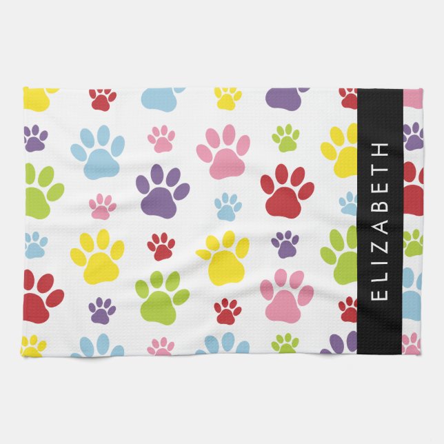 Colourful Paws, Paw Pattern, Dog Paws, Your Name Kitchen Towel (Horizontal)