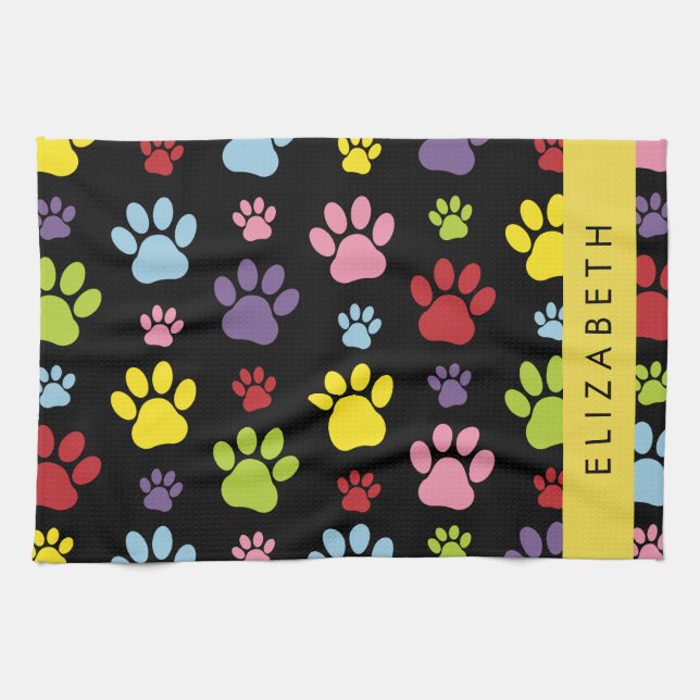 Colourful Paws, Paw Pattern, Dog Paws, Your Name Kitchen Towel (Horizontal)