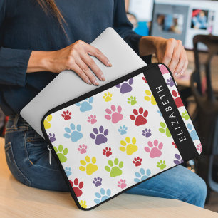 Colourful Paws, Paw Pattern, Dog Paws, Your Name Laptop Sleeve