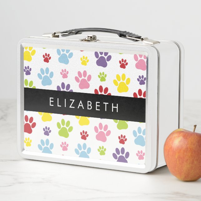 Colourful Paws, Paw Pattern, Dog Paws, Your Name Metal Lunch Box (In Situ)