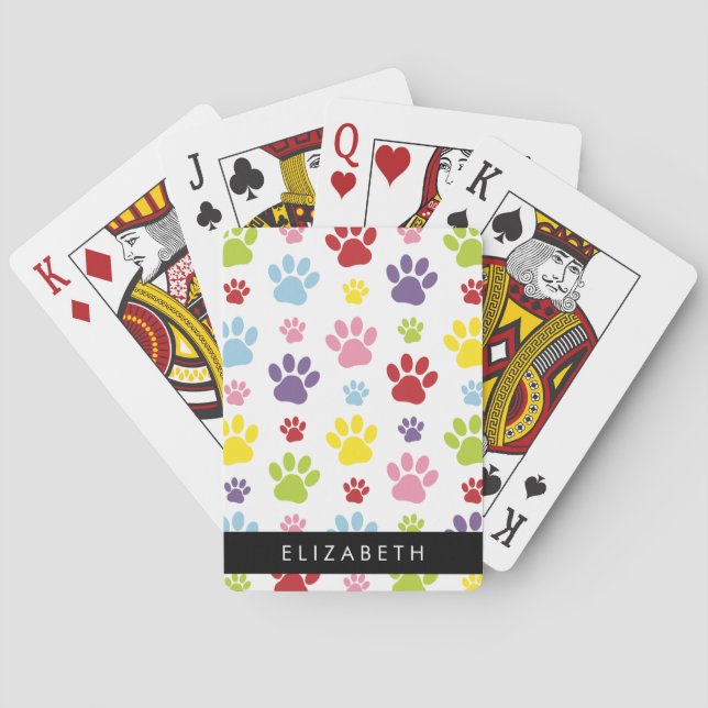 Colourful Paws, Paw Pattern, Dog Paws, Your Name Playing Cards (Back)