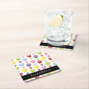 Colourful Paws, Paw Pattern, Dog Paws, Your Name Square Paper Coaster