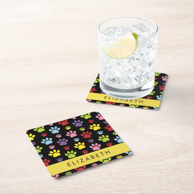 Colourful Paws, Paw Pattern, Dog Paws, Your Name Square Paper Coaster (Insitu)