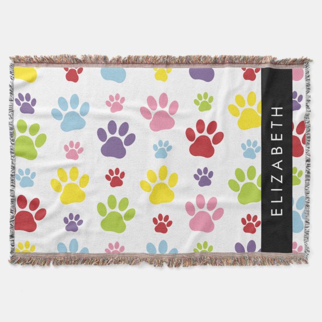 Colourful Paws, Paw Pattern, Dog Paws, Your Name Throw Blanket (Front)