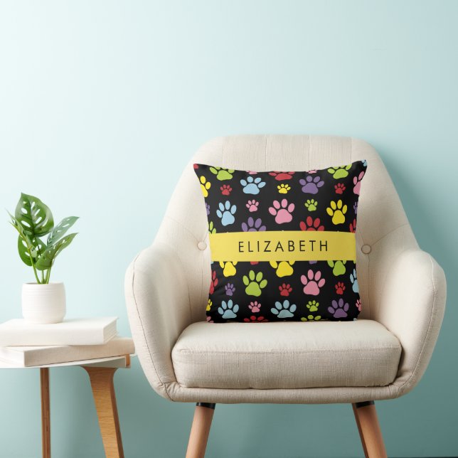 Colourful Paws, Paw Pattern, Dog Paws, Your Name Throw Pillow (Chair)