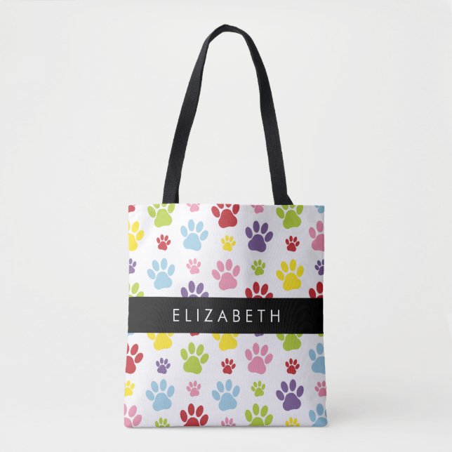 Colourful Paws, Paw Pattern, Dog Paws, Your Name Tote Bag (Front)